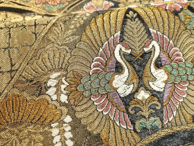 平和屋着物▼六通柄袋帯 松竹梅 向かい鶴 黒地 金糸 正絹 逸品 AABF7931wj