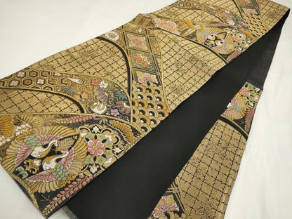 平和屋着物▼六通柄袋帯 松竹梅 向かい鶴 黒地 金糸 正絹 逸品 AABF7931wj
