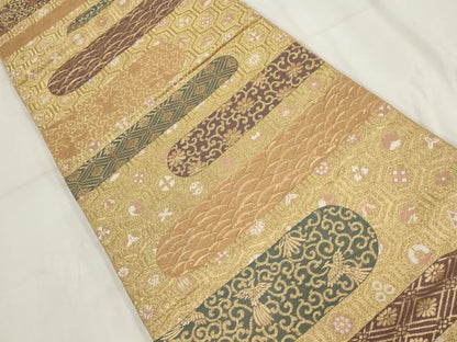 平和屋着物◎六通柄袋帯　霞亀甲花鳥文　金糸　正絹　逸品　AABF8041wj