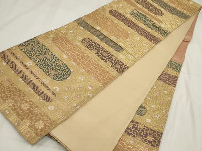 平和屋着物◎六通柄袋帯　霞亀甲花鳥文　金糸　正絹　逸品　AABF8041wj