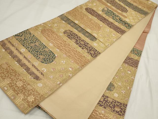 平和屋着物◎六通柄袋帯　霞亀甲花鳥文　金糸　正絹　逸品　AABF8041wj