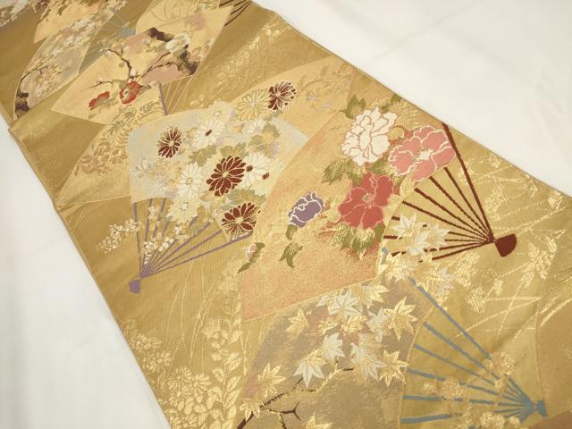 平和屋着物◎六通柄袋帯　秀彩　扇面秋草文　金糸　正絹　逸品　AABF8053wj