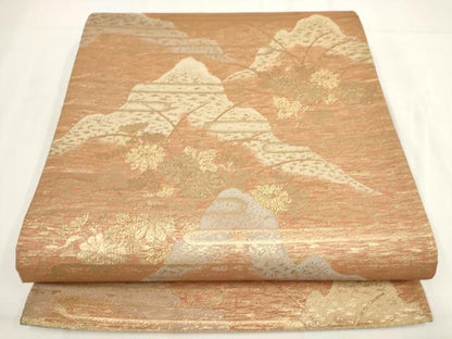 平和屋着物◎六通柄袋帯 遠山花文 金糸 正絹 逸品 AABF8055wj