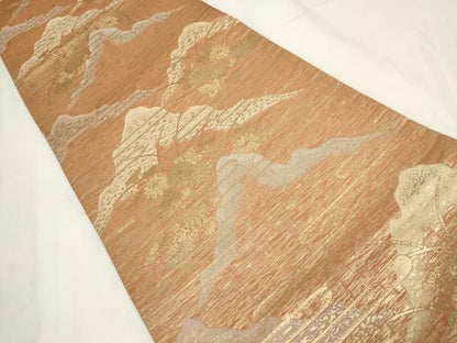 平和屋着物◎六通柄袋帯 遠山花文 金糸 正絹 逸品 AABF8055wj