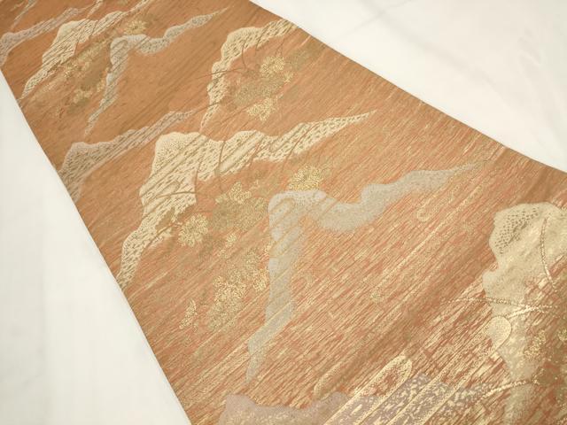 平和屋着物◎六通柄袋帯 遠山花文 金糸 正絹 逸品 AABF8055wj