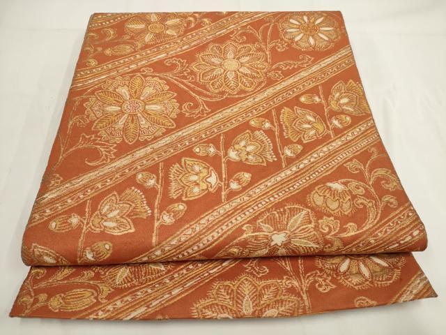 平和屋着物◎六通柄袋帯 斜め取り花文 金糸 正絹 逸品 AABF8071wj