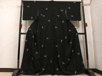 平和屋着物●上質な小紋 草花文 黒地 金彩 正絹 逸品 AABF8088ph
