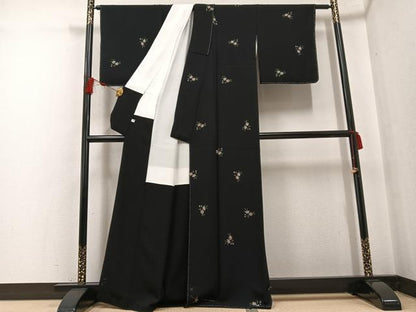 平和屋着物●上質な小紋 草花文 黒地 金彩 正絹 逸品 AABF8088ph