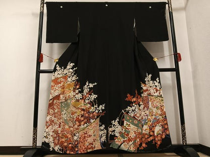 平和屋着物●アンティーク 大正ロマン 黒留袖 刺繍 几帳草花宝尽くし文 金糸 正絹 逸品 AABF8112ph