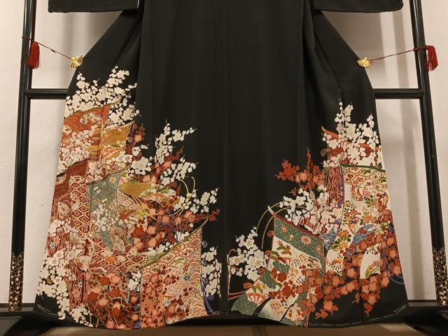 平和屋着物●アンティーク 大正ロマン 黒留袖 刺繍 几帳草花宝尽くし文 金糸 正絹 逸品 AABF8112ph