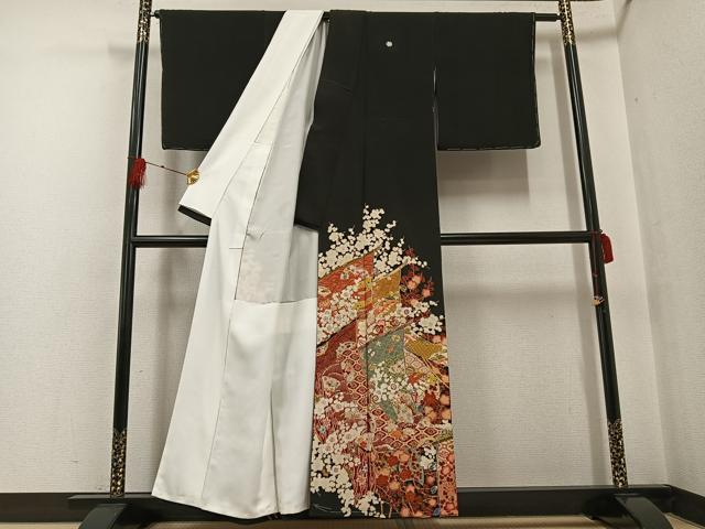 平和屋着物●アンティーク 大正ロマン 黒留袖 刺繍 几帳草花宝尽くし文 金糸 正絹 逸品 AABF8112ph
