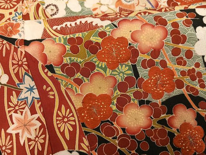 平和屋着物●アンティーク 大正ロマン 黒留袖 刺繍 几帳草花宝尽くし文 金糸 正絹 逸品 AABF8112ph