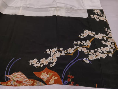 平和屋着物●アンティーク 大正ロマン 黒留袖 刺繍 几帳草花宝尽くし文 金糸 正絹 逸品 AABF8112ph