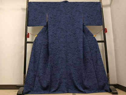 平和屋着物●上質な小紋 藍 型染め 風景草花文 正絹 逸品 AABF8114ph