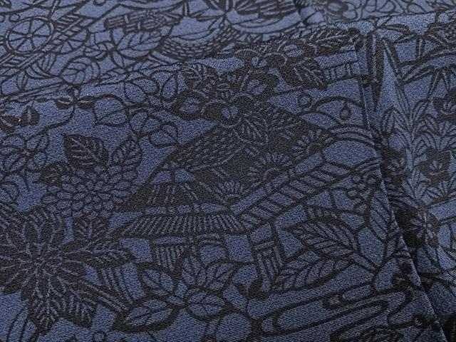 平和屋着物●上質な小紋 藍 型染め 風景草花文 正絹 逸品 AABF8114ph