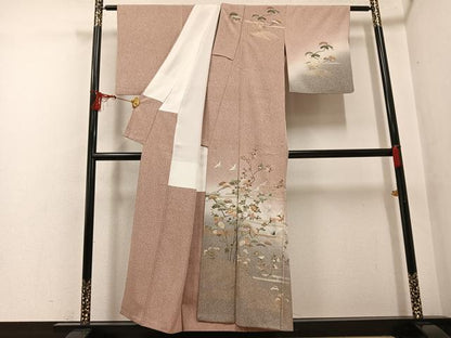 平和屋着物●訪問着 群鶴浜松枝花文 暈し染め 金彩 正絹 逸品 AABF8122ph