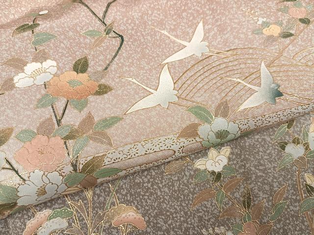 平和屋着物●訪問着 群鶴浜松枝花文 暈し染め 金彩 正絹 逸品 AABF8122ph