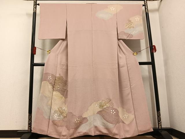 平和屋着物●訪問着 絞り 刺繍 風景松笹文 金糸 正絹 逸品 AABF8124ph
