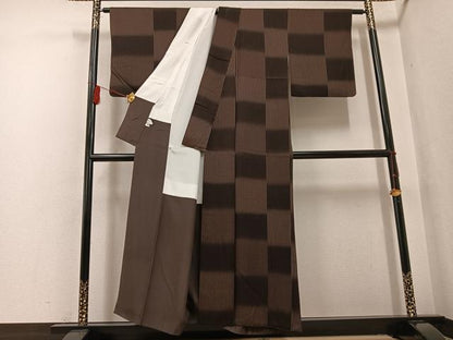 平和屋着物●上質な小紋 変わり市松文様 正絹 逸品 AABF8125ph