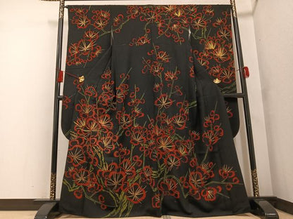 平和屋着物●豪華振袖 刺繍 ろうけつ染め 梅文 黒地 金彩 正絹 逸品 AABF8132ph