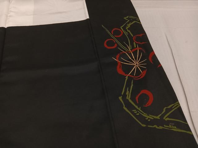 平和屋着物●豪華振袖 刺繍 ろうけつ染め 梅文 黒地 金彩 正絹 逸品 AABF8132ph