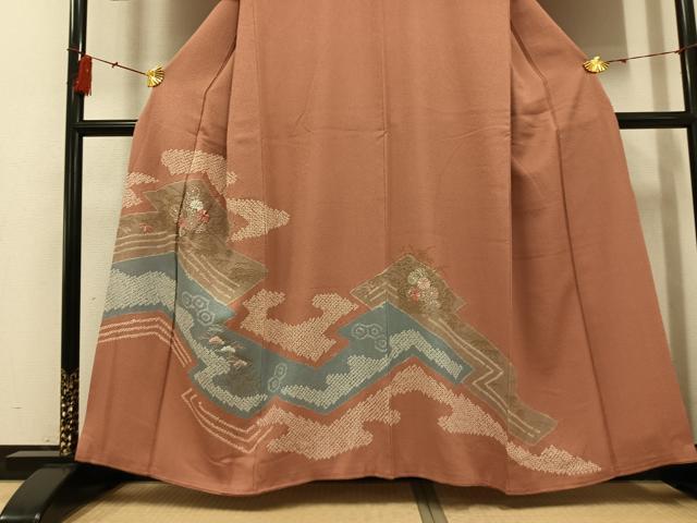 平和屋着物●訪問着 絞り 刺繍 草花文 金彩 正絹 逸品 AABF8134ph