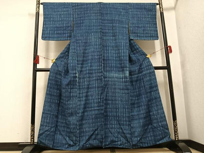 平和屋着物●上質な紬 本藍 絞り 格子 正絹 逸品 AABF8140ph