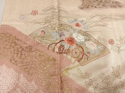 平和屋着物●訪問着 絞り 刺繍 地紙草花文 金彩 正絹 逸品 AABF8143ph