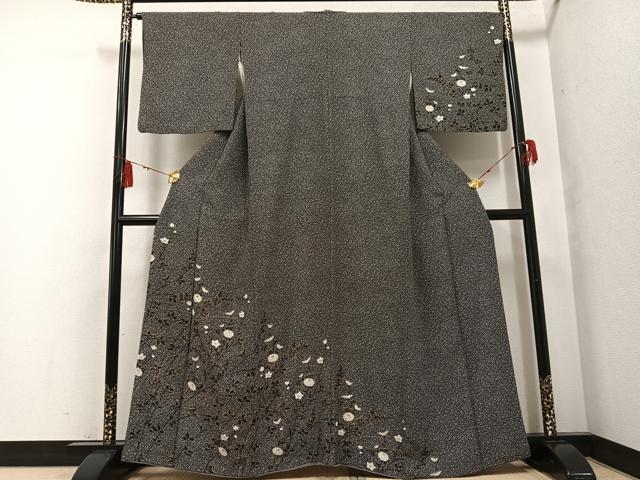 平和屋着物●訪問着 草花文 黒地 金彩 伊勢丹扱い 正絹 逸品 AABF8147ph