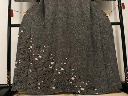 平和屋着物●訪問着 草花文 黒地 金彩 伊勢丹扱い 正絹 逸品 AABF8147ph