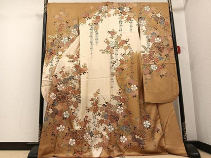 平和屋着物●豪華振袖 駒刺繍 草花文 暈し染め 金彩 正絹 逸品 AABF8153ph