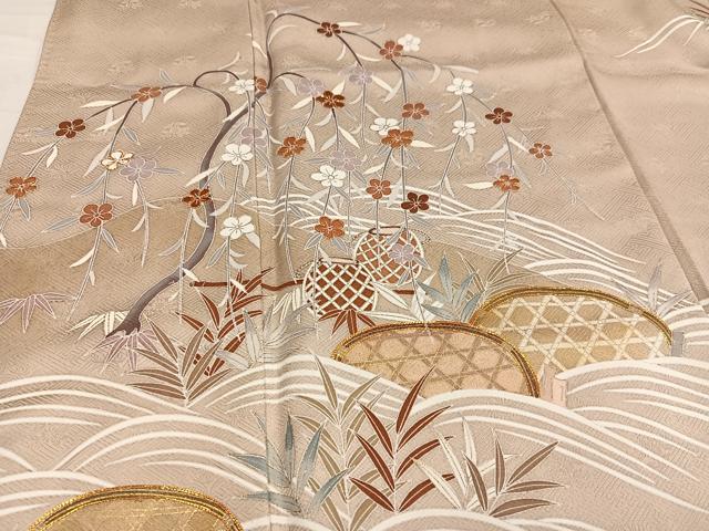 平和屋着物●訪問着 友禅 駒刺繍 梅笹籬文 金彩 正絹 逸品 AABF8154ph