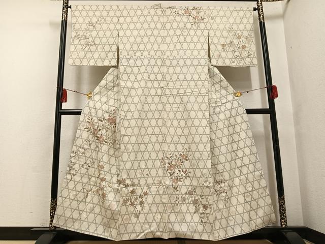 平和屋着物●本場結城紬 重要無形文化財 訪問着 手描き 100亀甲 枝花文 金彩 銀座おゝぎ屋扱い 正絹 逸品 AABF8159ph