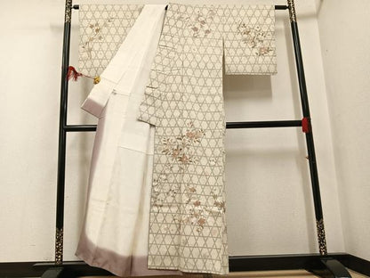 平和屋着物●本場結城紬 重要無形文化財 訪問着 手描き 100亀甲 枝花文 金彩 銀座おゝぎ屋扱い 正絹 逸品 AABF8159ph