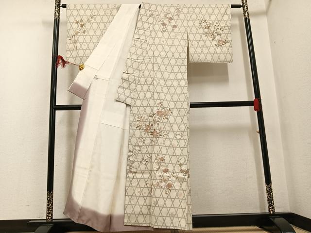 平和屋着物●本場結城紬 重要無形文化財 訪問着 手描き 100亀甲 枝花文 金彩 銀座おゝぎ屋扱い 正絹 逸品 AABF8159ph
