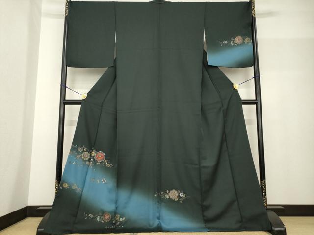 平和屋着物●訪問着 刺繍 花唐草文 黒緑色地 暈し染め 金彩 ロング丈 正絹 逸品 AABF8164ck
