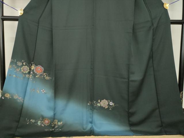平和屋着物●訪問着 刺繍 花唐草文 黒緑色地 暈し染め 金彩 ロング丈 正絹 逸品 AABF8164ck