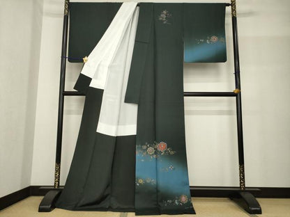 平和屋着物●訪問着 刺繍 花唐草文 黒緑色地 暈し染め 金彩 ロング丈 正絹 逸品 AABF8164ck