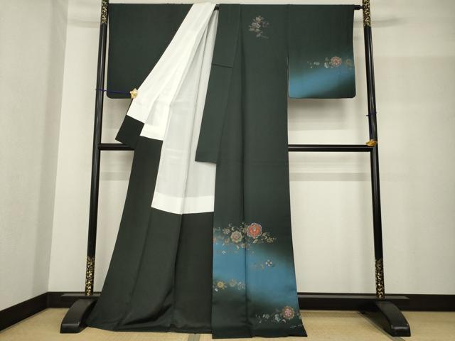 平和屋着物●訪問着 刺繍 花唐草文 黒緑色地 暈し染め 金彩 ロング丈 正絹 逸品 AABF8164ck
