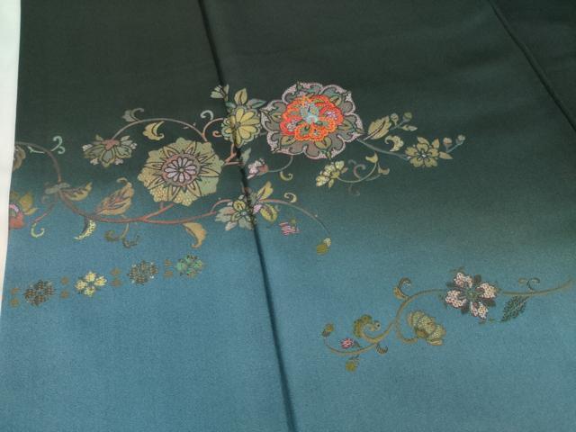 平和屋着物●訪問着 刺繍 花唐草文 黒緑色地 暈し染め 金彩 ロング丈 正絹 逸品 AABF8164ck