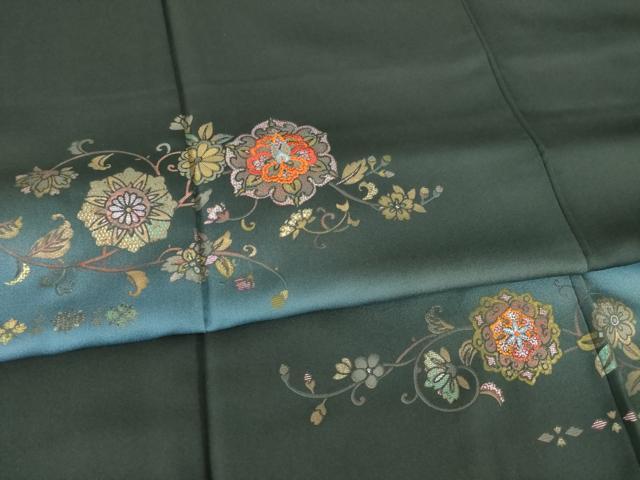 平和屋着物●訪問着 刺繍 花唐草文 黒緑色地 暈し染め 金彩 ロング丈 正絹 逸品 AABF8164ck