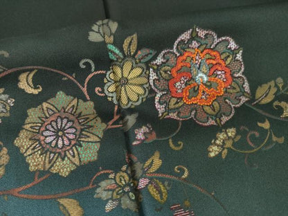 平和屋着物●訪問着 刺繍 花唐草文 黒緑色地 暈し染め 金彩 ロング丈 正絹 逸品 AABF8164ck