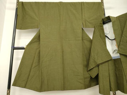 平和屋着物●男性 紬 アンサンブル 色無地 璃寛茶色 正絹 逸品 AABF8165ck
