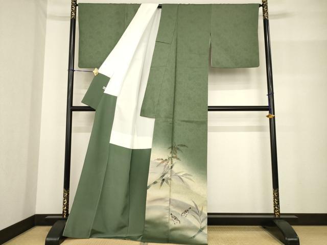 平和屋着物●訪問着　手描き　雀　笹竹文　暈し染め　正絹　逸品　AABF8185ck