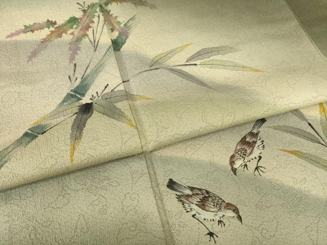 平和屋着物●訪問着　手描き　雀　笹竹文　暈し染め　正絹　逸品　AABF8185ck