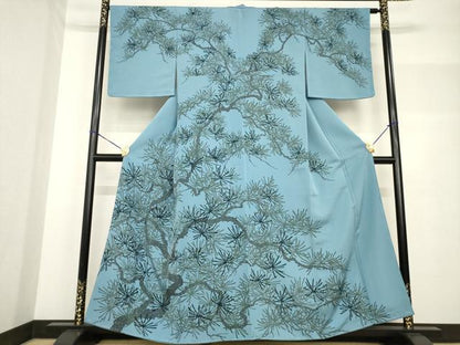 平和屋着物●訪問着　ろうけつ染　松　藍鼠色地　正絹　逸品　未使用　AABF8190ck