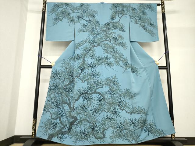 平和屋着物●訪問着　ろうけつ染　松　藍鼠色地　正絹　逸品　未使用　AABF8190ck
