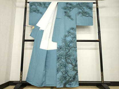 平和屋着物●訪問着　ろうけつ染　松　藍鼠色地　正絹　逸品　未使用　AABF8190ck