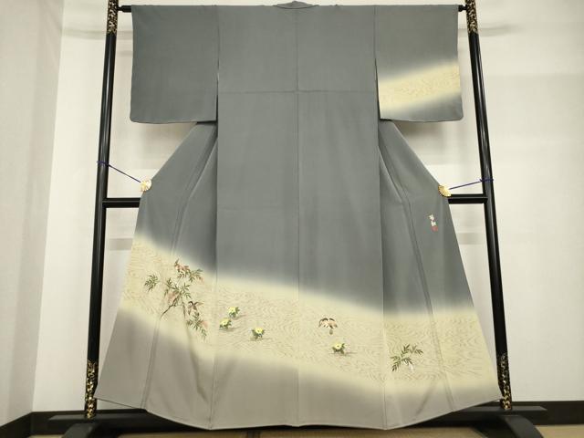 平和屋着物●蓑虫工芸作家　田尾笛秋　訪問着　南天にすずめ　暈し染め　正絹　逸品　AABF8191ck