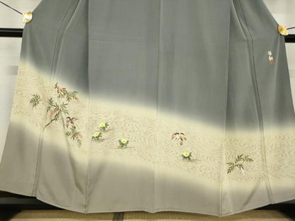 平和屋着物●蓑虫工芸作家　田尾笛秋　訪問着　南天にすずめ　暈し染め　正絹　逸品　AABF8191ck